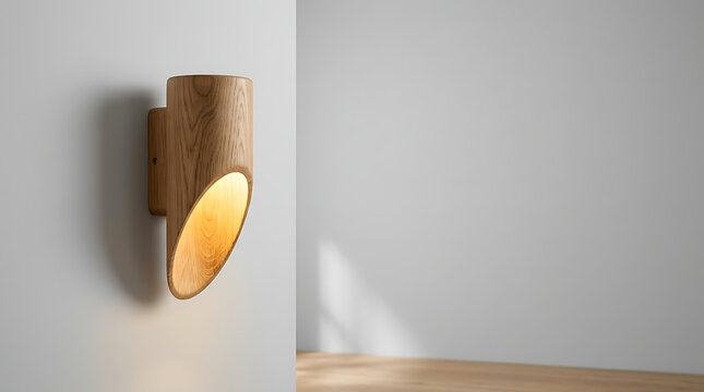 Modern minimalist wooden wall sconce lamp emitting warm light on inter