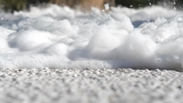 Snowdrift winter landscape with white texture, shallow focus, cloudy sky, ocean wave foam and snowy ground creating peaceful natural seasonal