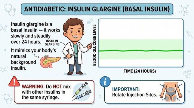 Medical infographic explaining insulin glargine basal mechanism for diabetes