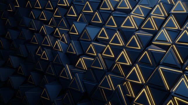 Abstract 3D background of dark blue geometric triangular pyramids with glowing yellow gold edges
