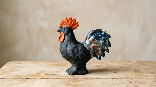 Handcrafted Ceramic Rooster Sculpture on Wooden Table