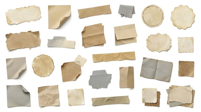 Vintage paper scraps collection isolated on white background, aged old ripped paper fragments and labels