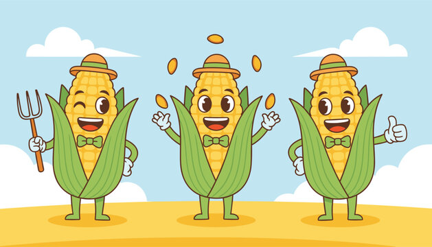 Three cheerful cartoon corn characters playing roles of a farmer with a pitchfork, a juggler, and a helper with a thumbs up.