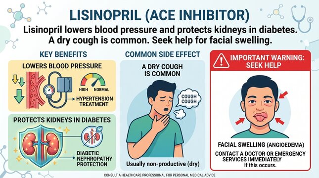 Educational infographic explaining lisinopril uses and side effects for patients