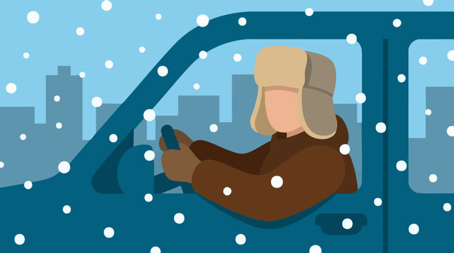 Person Driving Car Through Snowstorm in City, Winter Travel Weather Illustration