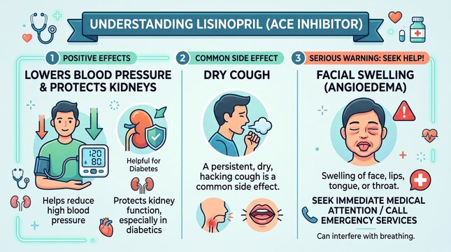 Medical infographic explaining lisinopril uses and side effects for patients