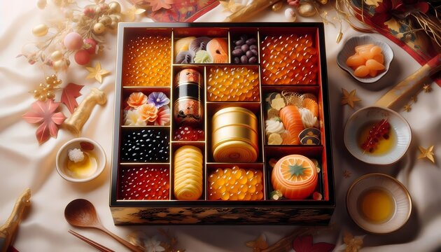 A festive flat lay of a traditional Japanese Osechi-ryori New Years box, with compartments filled with colorful, symbolic dishes, Ai generated image