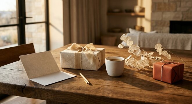 Cozy morning scene with gift box greeting card coffee cup and dried plant on rustic wooden table