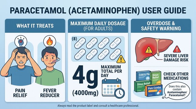 Healthcare professional explaining paracetamol dosage instructions to patient with medication safety icons and dosage chart