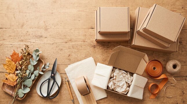 Cardboard shipping boxes and packaging supplies on wood table