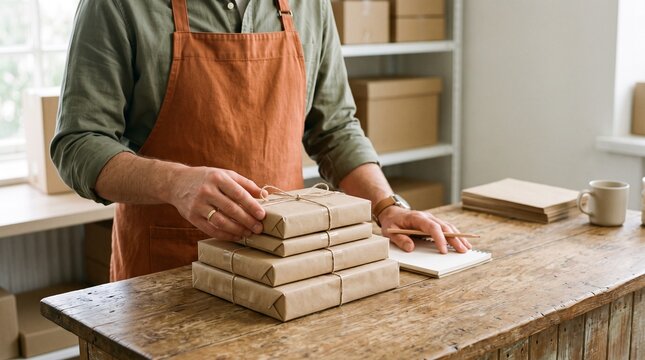 Shopkeeper stacking brown paper packages on wooden counter