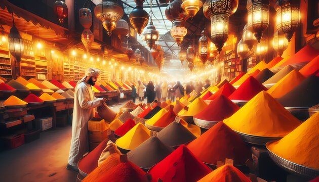 A vibrant street scene at a bustling Moroccan souk in Marrakech, with colorful spice mounds and ornate lanterns, and a local vendor in traditional attire, Ai generated image