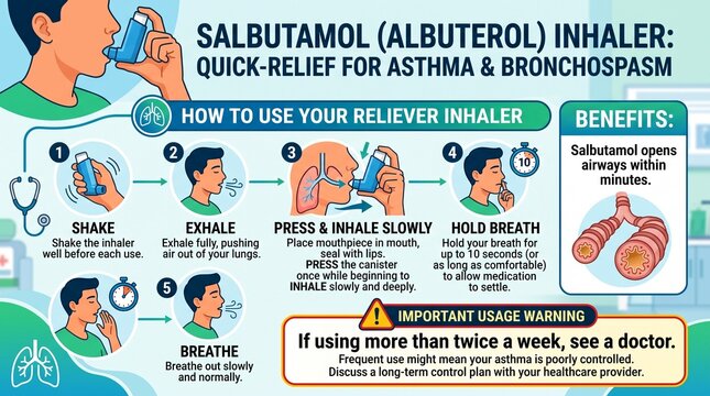 Instructional infographic showing steps to use a salbutamol asthma inhaler