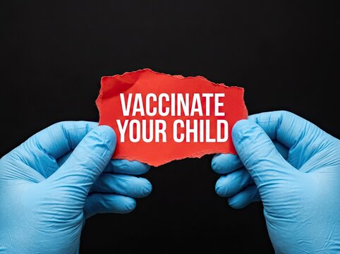 Hands in blue gloves holding red paper reading vaccinate your child suitable for healthcare campaigns symbolizing pediatric immunization awareness