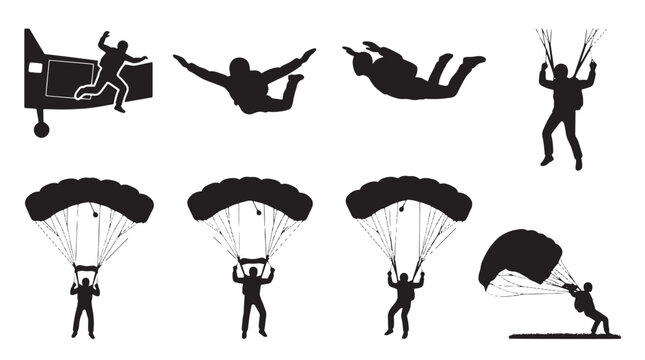 Skydiver silhouette collection with 8 parachute icons. Skydiving extreme sport set. Parachuting jumpers and airplane exit vector graphics. isolated on Transparent Background