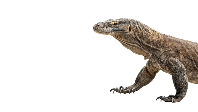 Komodo dragon reptile giant lizard walking isolated on transparent background.
