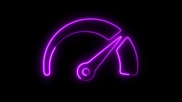 Neon purple speedometer gauge animation, glowing tachometer interface for performance and data analytics