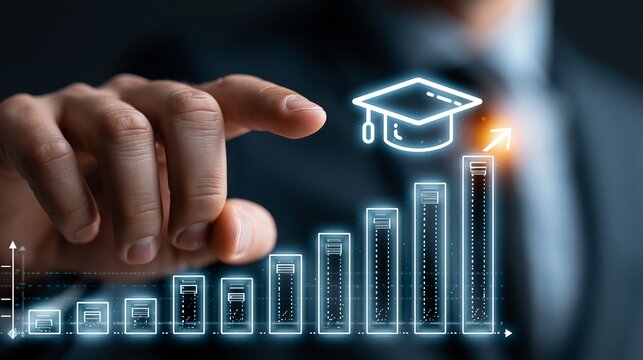 Professional businessman touching glowing holographic graduation cap icon above rising financial bar chart representing academic growth and future career success