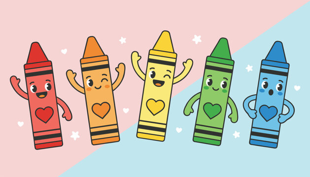 Five adorable colorful crayon cartoon characters with happy faces waving on a split pink and blue background.