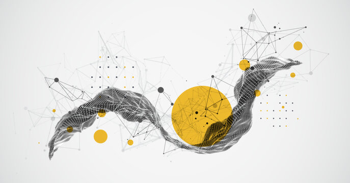 Abstract vector illustration of dark wireframe mesh ribbon with yellow circles and plexus network