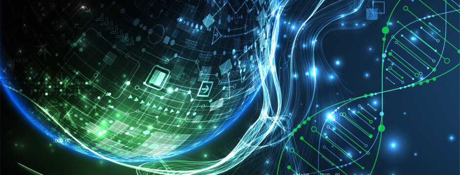Abstract scientific background with glowing DNA double helix and futuristic bio sphere.