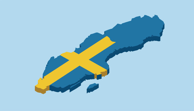 Isometric three dimensional map of Sweden decorated with the national flag pattern on a light blue background.