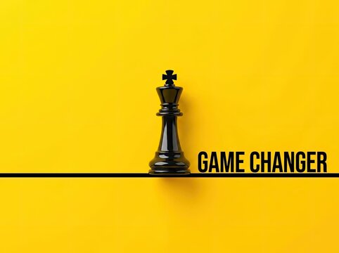Black king chess piece beside game changer text on yellow background ideal for business strategy content symbolizing leadership and disruption