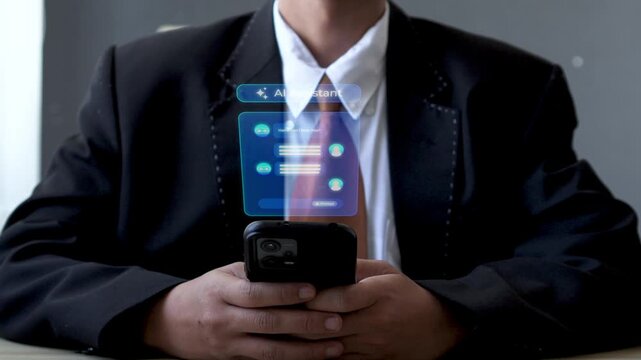 Businessman hand chatting with AI Assistant or agent with smart phone. Artificial Intelligence Concept