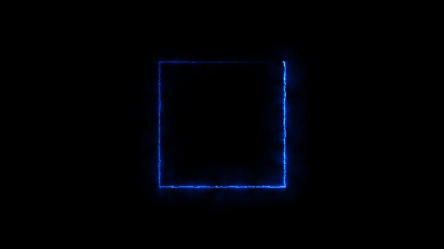 Glowing blue neon square frame with electric light energy effect on a dark black background