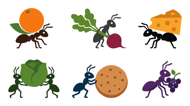 Ants carrying food flat vector illustration set with fruits and vegetables