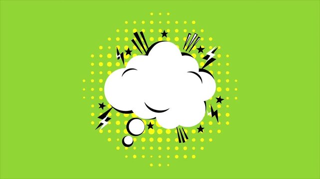 Pop art thought cloud animation with abstract lightning bolts on green screen