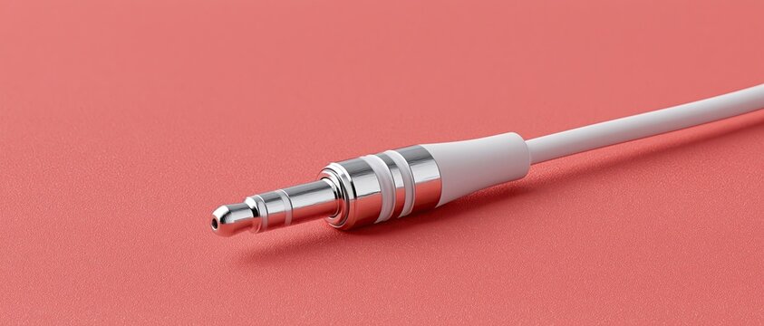 Audio Plug Closeup, Silver Metal Stereo Connector and White Cable, Red Background for Music Equipment and Electronic Accessories Design