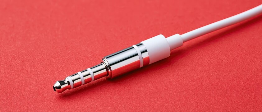 Audio Plug Closeup, Silver Metal Stereo Connector and White Cable, Red Background for Music Equipment and Electronic Accessories Design