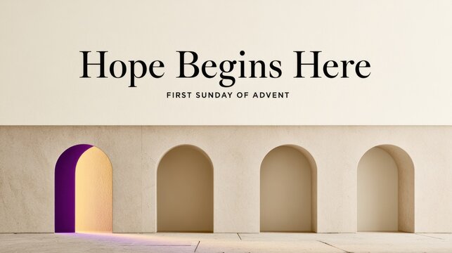 Hope begins here church entry signage with glowing purple arch for first sunday of advent poster, banner, worship invitation and holiday background design