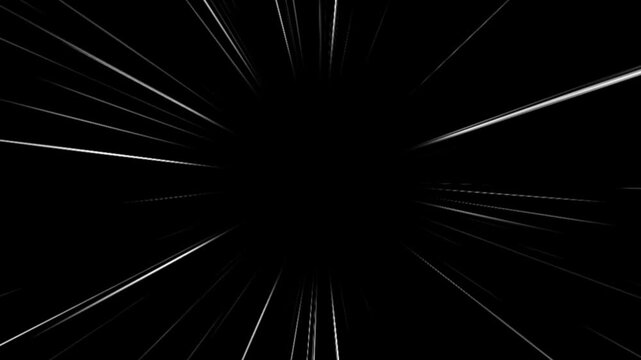 Fast Anime Comic Action Speed Lines Animation Black Background 4K, Dynamic Manga Motion Graphic with Cartoon Illustration Effect, Radial Burst Ray Stripes, Superhero Energy Explosion Glow,