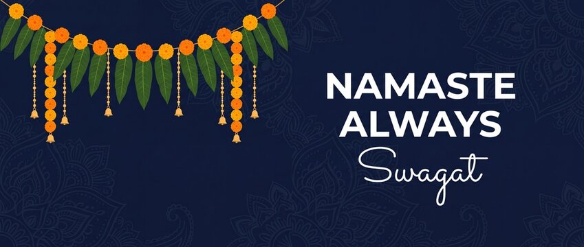 Indian marigold flower toran decoration with mango leaves hanging on blue background featuring Namaste Always Swagat text greeting for traditional Diwali festival banner and cultural welcome design.