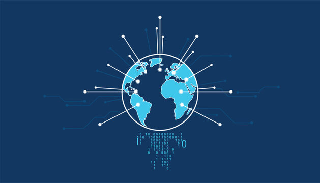 Digital planet earth globe with network communication nodes and binary code below representing global data connection.