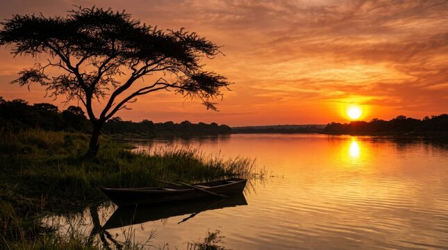Lonely boat floating on calm river at sunset with acacia tree silhouette