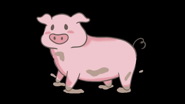 Three cute cartoon pigs standing in mud with different facial expressions on black background with displaying slightly different facial expression posture bodies standing against illustration farm