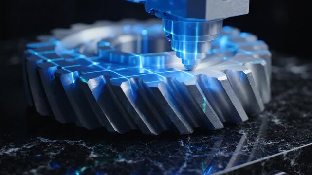 Laser Projecting Blue Light on Aluminum Gear During CNC Machining, Industrial Manufacturing Workshop Precision Metalworking Process