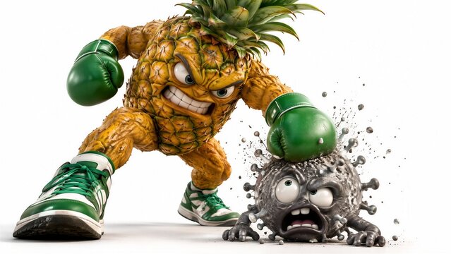 Anthropomorphic pineapple character wearing boxing gloves punching a virus cell
