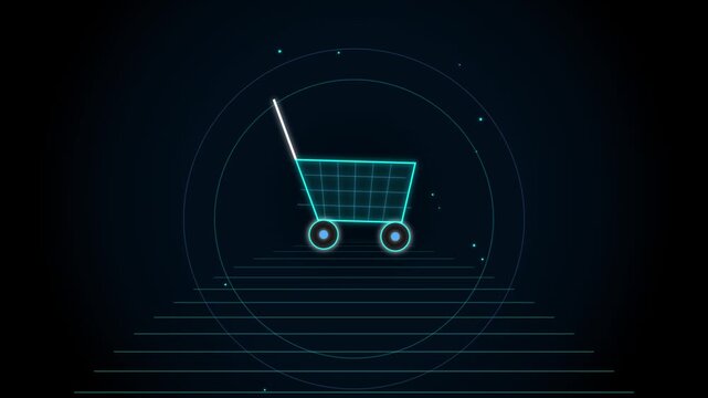 Neon glowing shopping cart icon on a dark digital technology background for online store and e-commerce shopping concepts 4k Motion Video