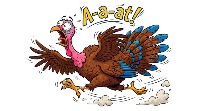 Funny cartoon illustration of a panicked turkey running away for the upcoming thanksgiving holiday celebration and dinner