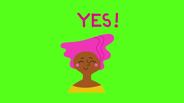 Animated cartoon woman with pink hair celebrating success with a fist pump on green background with background represent achievement stylized cartoon character celebrating pumping her illustration
