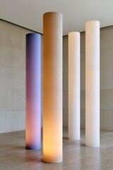 Fototapeta premium Contemporary interior column lights with gradient pastel illumination and warm tones for modern design background and poster