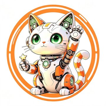 Kucing Robot Lucu Melambai &mdash; Logo Teknologi Futuristik