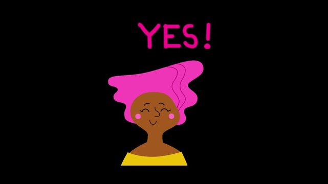 Cartoon woman with pink hair celebrating success with a yes sign on black background with celebrating raised fist video stylized cartoon yes appearing above against solid black her head with animation
