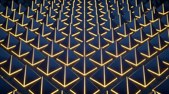 Abstract 3D background of dark blue pyramid grid pattern with glowing yellow light edges in symmetry