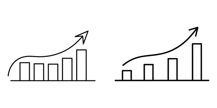 Black line drawing of two bar charts with ascending arrows showing upward growth trends and increasing data values in simple vector style