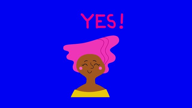 Three animated illustrations of a happy woman with pink hair celebrating with a fist pump with gesture success against against vibrant solid solid blue background hair smiling pumping celebration